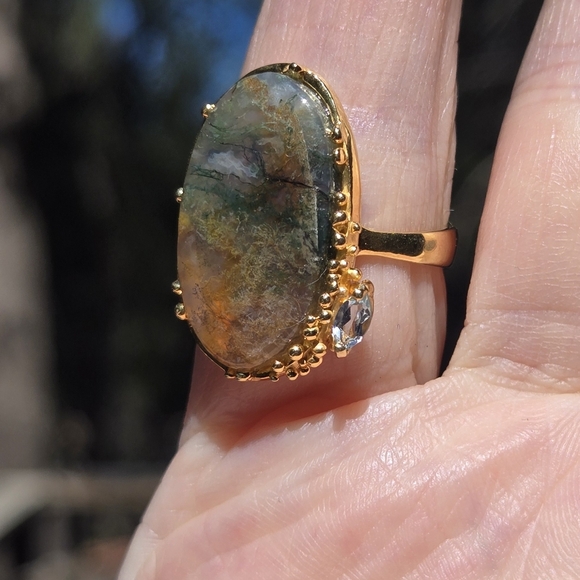 Moss Agate & Aquamarine Oval Sterling & Gold Statement Ring Sz7.5 - Picture 3 of 8